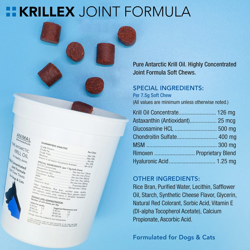 Animal Pharmaceuticals Krillex Joint Formula & Omega 3 Krill Oil for Dogs & Cats - Glucosamine for Dogs - Chondroitin, MSM, & Hyaluronic Acid for Joint Care - Cheese Flavor Chews - 60 ct - BeesActive Australia