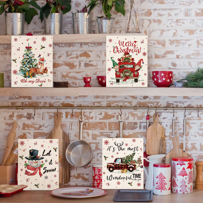 6 Pieces Christmas Swedish Kitchen Table Dishcloths Reusable Christmas Dish Towels Absorbent Cleaning Cloth Fast Dry Kitchen Dishcloth with Santa, Snowman, Christmas Tree, Deer for Kitchen Cleaning Bright Style - BeesActive Australia