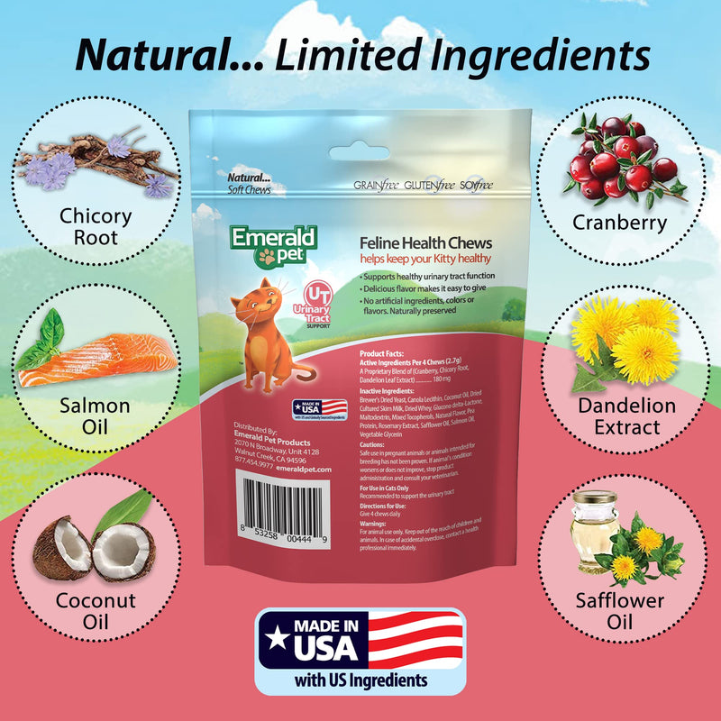 Emerald Pet Feline Health Chews UT Support — Natural Grain Free Urinary Tract Health Cat Chews — Cat Supplements with Cranberry, Chicory Root, and Dandelion Leaf Extract — Made in USA, 2.5 oz Single Pack - BeesActive Australia