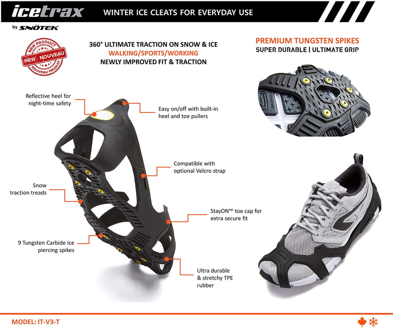 ICETRAX V3 Tungsten Winter Ice Grips for Shoes and Boots - Ice Cleats for Snow and Ice, StayON Toe, Reflective Heel S/M (Men: 5-9 / Women: 6.5-10.5) - BeesActive Australia