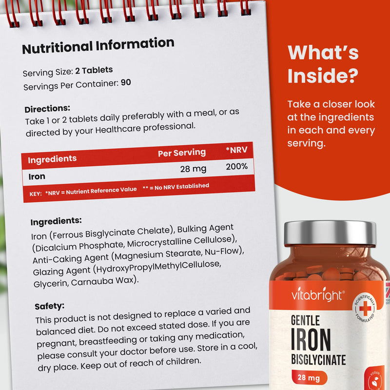 Gentle Iron Tablets 28mg - 180 Vegan Tablets (3 Month Supply of Iron Supplements) Gentle Iron Bisglycinate Chelate for Men & Women. 200% NRV Iron Pills for Tiredness & Fatigue, Blood & Immune System - BeesActive Australia
