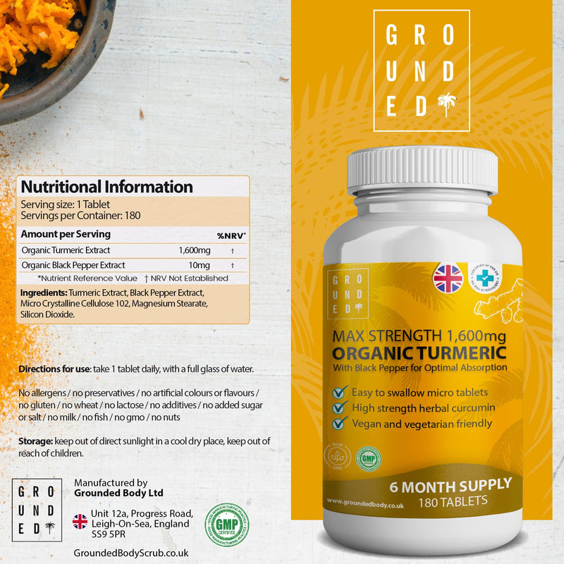 Pure Turmeric Tablets 1,600mg with Organic Black Pepper Extract | 6 Month Supply, 180 Tablets | High Strength Herbal Curcumin Complex Supplement | Natural Anti Inflammatory & Antioxidants | Vegan, UK - BeesActive Australia