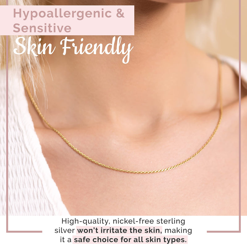 MAZZERI Solid Gold Plated Sterling Silver Italian 1.3mm & 1.6mm Diamond-Cut Braided Rope Chain Necklace for Men Women, 925 Sterling Silver Made in Italy 18.0 Inches - BeesActive Australia