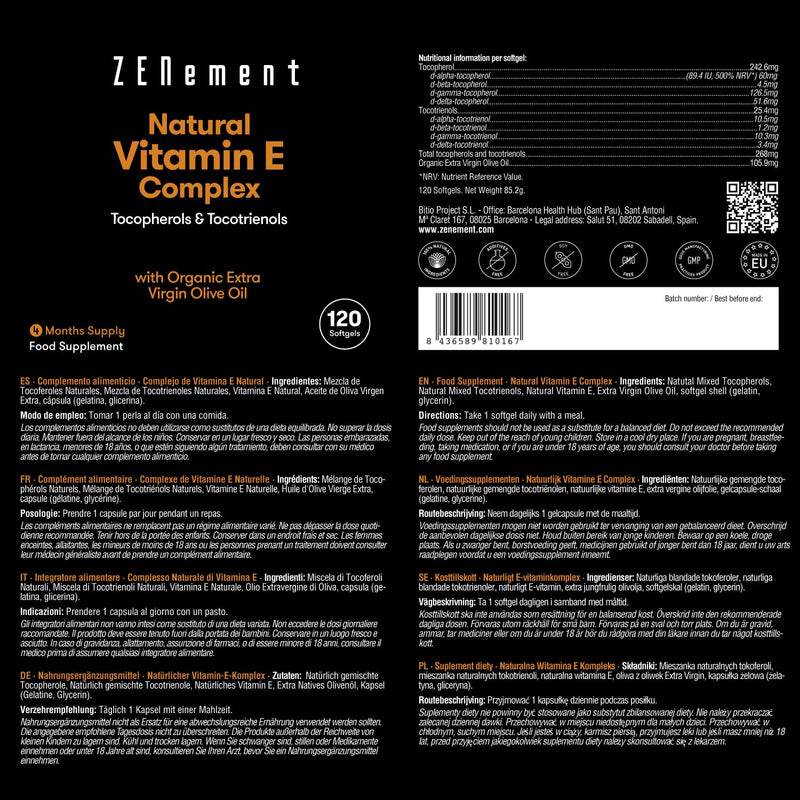 Natural Vitamin E Complex, Tocopherols & Tocotrienols, 120 Softgels | with Organic Extra Virgin Olive Oil | Full Spectrum | Antioxidant | 100% Natural Ingredients, Soy Free | Zenement - BeesActive Australia