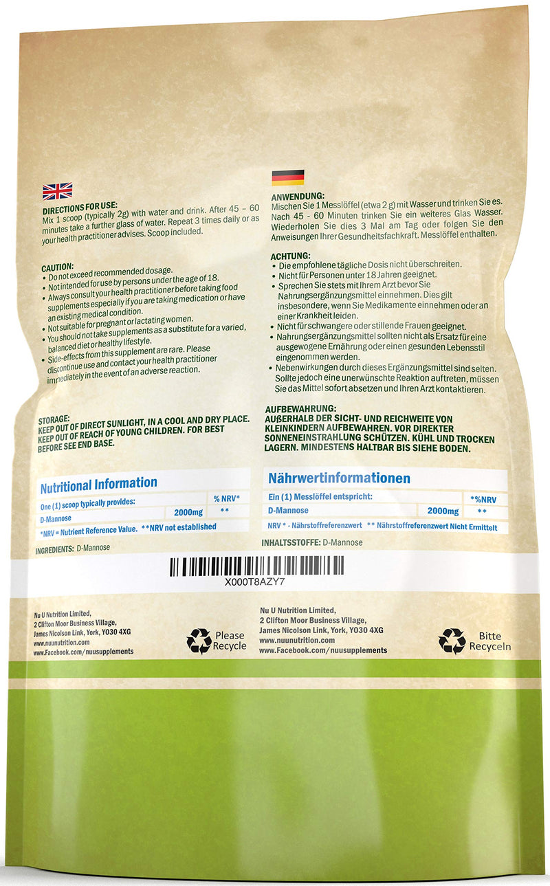 D-Mannose Powder | 150g (75 Servings) | Allergen Free | Suitable for Vegetarians & Vegans | Made in The UK by Nu U Nutrition - BeesActive Australia