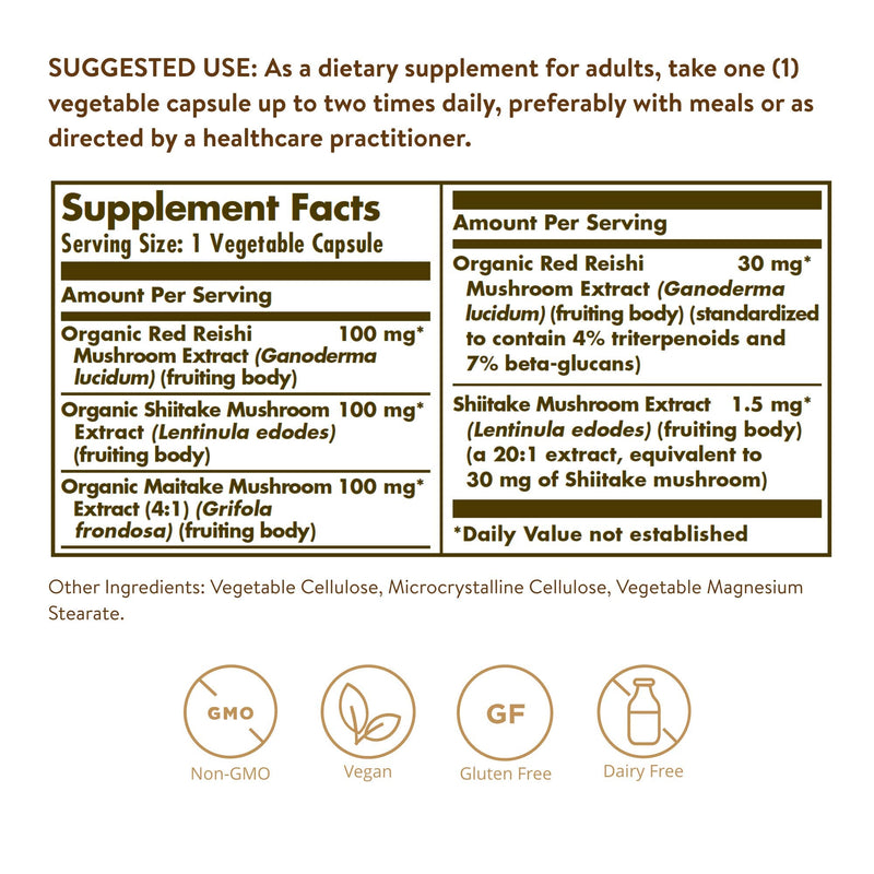 Solgar Reishi Shiitake Maitake Mushroom Extract - Vegetable Capsules - Pack of 50 - Combination of Japanese Mushrooms - Gluten Free - Vegan - BeesActive Australia