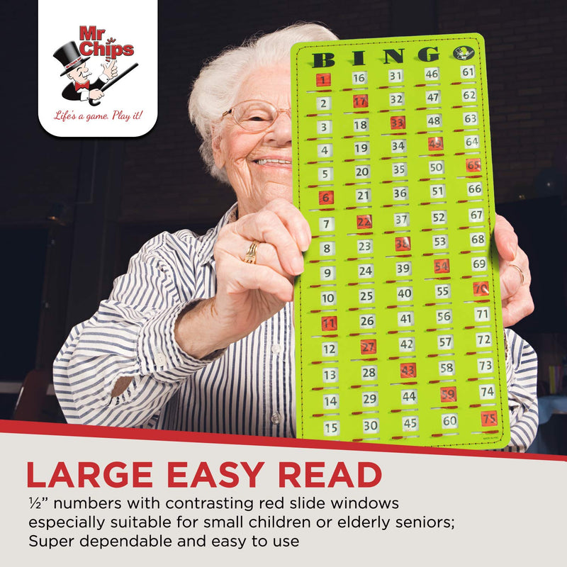 MR CHIPS Jam-Proof Master Board Bingo Cards Slide Shutter - Deluxe - Stitched Borders - 14.75" H x 6.75" W Bright Green - BeesActive Australia