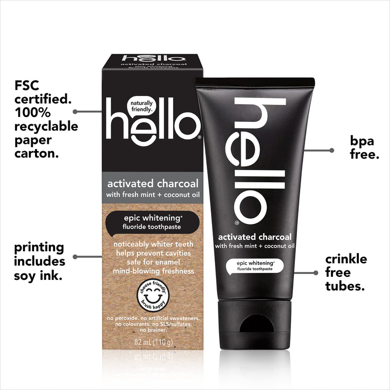 Hello Epic Teeth Whitening Charcoal Fluoride Toothpaste, Natural Fresh Mint, Vegan, SLS Free, Peroxide Free, 82 ml - BeesActive Australia
