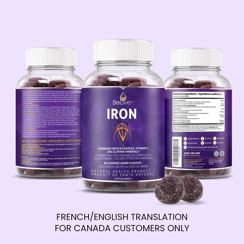Iron Gummies Supplement with Vitamin C, A, Vitamins B Complex, Folate, Multivitamins for Women, Kids & Adults - Supports Energy, No After Taste, Vegan Supplements - Grape Flavor (60 Ct) 1 - BeesActive Australia