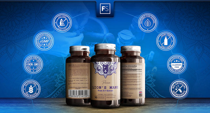 FS Lions Mane Mushroom Complex Supplement | 1000mg Lion's Mane Per Serving | 90 Vegan Capsules | High in (?) Beta Glucan Polysaccharides | Non-GMO, Gluten, & Allergen Free | Manufactured in The UK 90 Count (Pack of 1) - BeesActive Australia