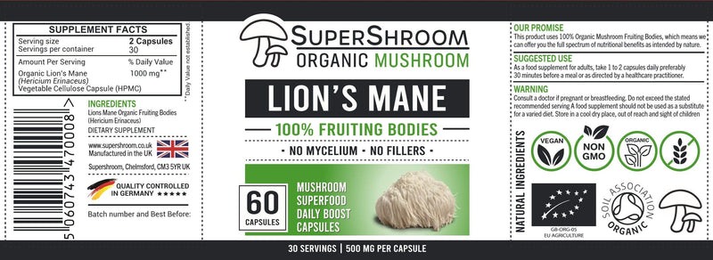 Organic Lions Mane SuperShroom Supplements | Full-Spectrum Mushroom Powder | 100% Fruiting Bodies | No Fillers - BeesActive Australia