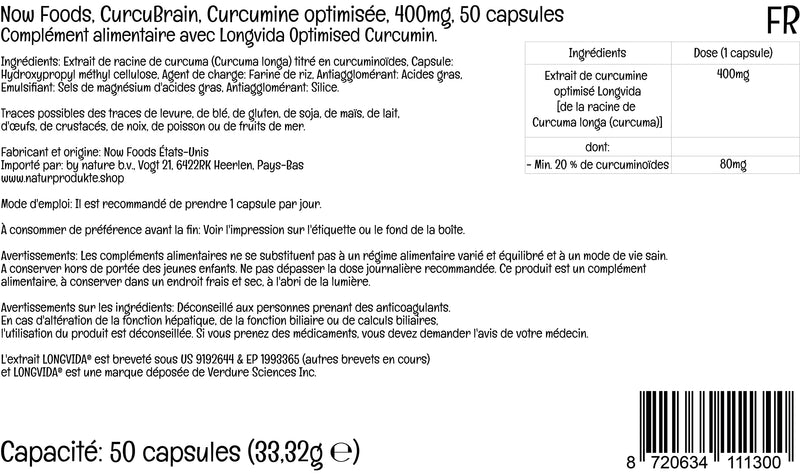 Now Foods, CurcuBrain, Optimised Curcumin, 400mg, 50 Vegan Capsules, Lab-Tested, Gluten Free, SOYA Free, Vegetarian - BeesActive Australia