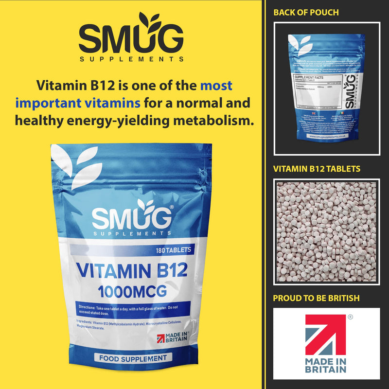 SMUG Supplements Vitamin B12 Tablets - 180 High Strength 1000mcg Pills - Contributes to The Reduction of Fatigue and Tiredness - Suitable for Men and Women - Vegan Friendly - Made in Britain - BeesActive Australia