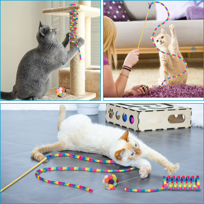 Cat Toys, Cat Wand Teaser Toys Cat Fuzzy Balls with Bell Inside and Cat Springs, Interactive Cat Toys for Indoor Cats Kittens Kitty, 3 Pack Rainbow-Red - BeesActive Australia