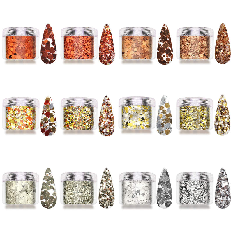 Allstarry 12 Boxes Nail Glitter Autumn Chunky Nail Sequins Orange Copper Nail Flakes Decals for Makeup DIY Nail Art Decoration Autumn Gold - BeesActive Australia