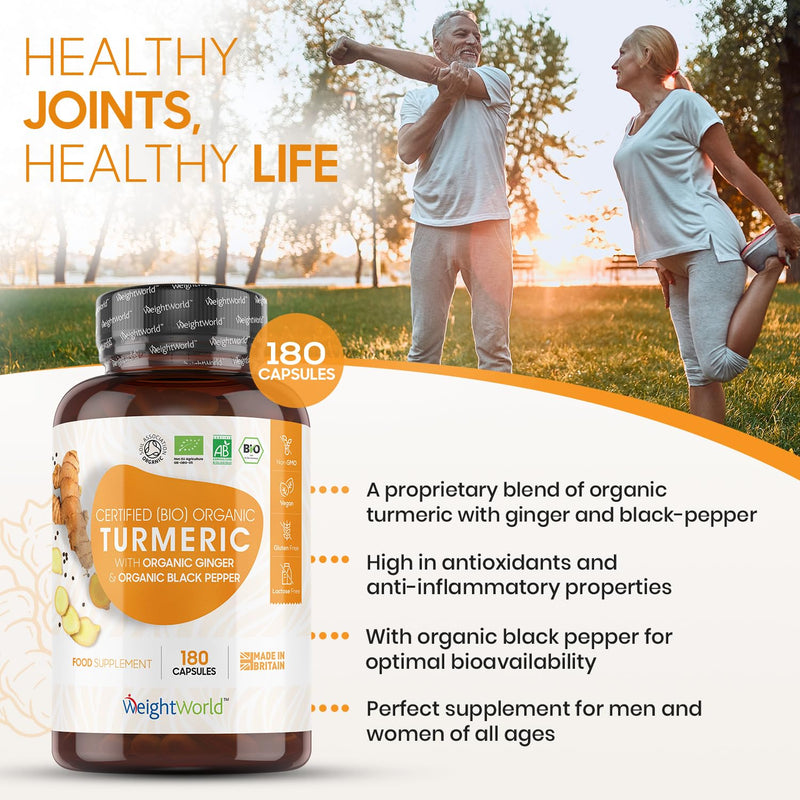 Organic Turmeric Capsules High Strength 1520mg - with Black Pepper & Ginger - 180 Capsules (3 Months Supply) - Soil Association Certified Turmeric Supplement - Natural & Vegan - Made in The UK - BeesActive Australia