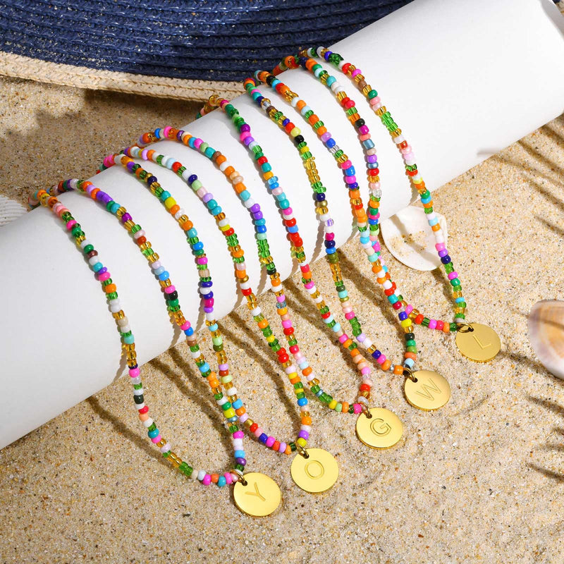 MPRAINBOW Colorful Beaded Initial Necklaces - Handmade Layered Gold Choker Summer Boho Letter Necklace Jewelry for Women Teen Girls Sister Friends,Beach Surfer Necklace Holiday Birthday Gift for Her A - BeesActive Australia