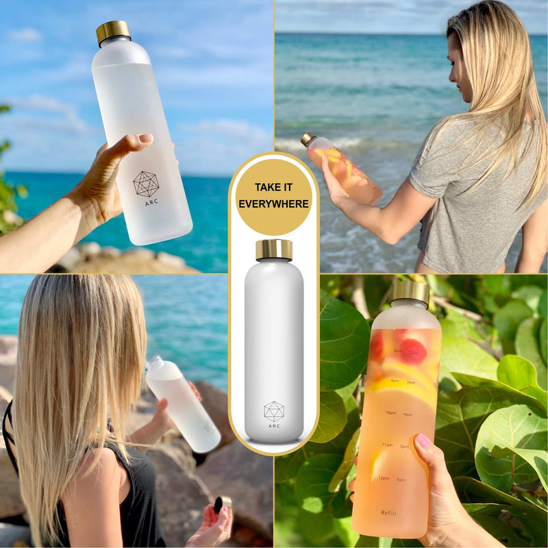 Water Bottle With Time Marker - 1 bottle only- 32 OZ, 1 Liter, BPA Free Frosted Plastic - Motivational Reusable Water Bottle With Times To Drink - For Fitness, Sports, Gym, Travel And Outdoors - Leakproof, Durable white, gold - BeesActive Australia