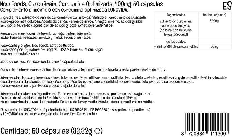 Now Foods, CurcuBrain, Optimised Curcumin, 400mg, 50 Vegan Capsules, Lab-Tested, Gluten Free, SOYA Free, Vegetarian - BeesActive Australia