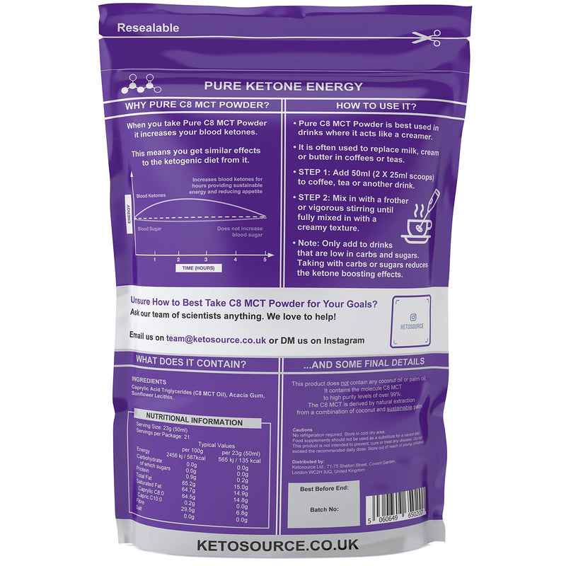 Pure C8 MCT Powder 500g | 4X Ketone Boost Versus Other MCTs | Zero Carbs | Mixes Easily | Use as Keto Creamer in Coffee | Vegan Safe & Gluten Free | No Dodgy Ingredients | Unflavoured 500 g (Pack of 1) - BeesActive Australia