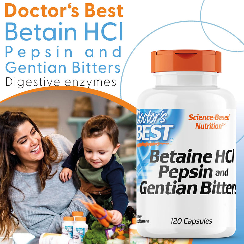 Doctor's Best, Betaine HCl (Betaine Hydrochloride) with Pepsin and Bitter Substances from Gentian, 650mg, 120 Soft Capsules, Highly Dosed, Laboratory-Tested, SOYA-Free, Gluten-Free, Non-GMO - BeesActive Australia