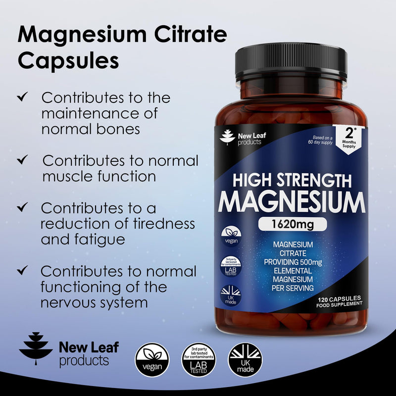 Magnesium Supplements 1620mg - Super Strength - Magnesium Citrate Capsules - (500mg Elemental Vegan Magnesium) Not Magnesium Tablets High Absorption, Bones Muscle & Sleep Support - Made in The UK - BeesActive Australia