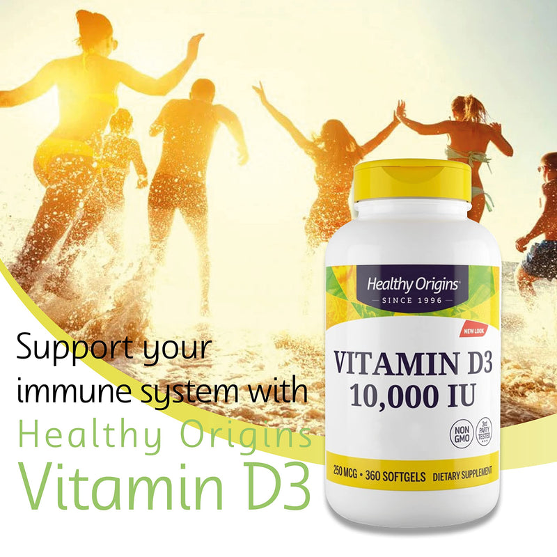 Healthy Origins, Vitamin D3, 10,000 IU, 360 Softgels, Lab Tested, Gluten Free, Soy Free, Non-GMO - BeesActive Australia