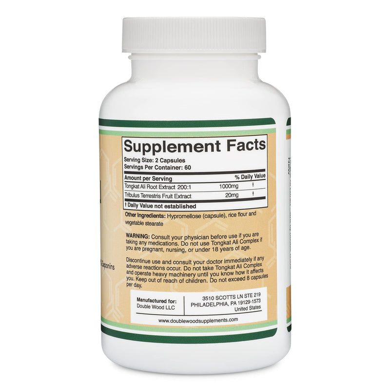 Tongkat Ali Extract 200 to 1 for Men (Longjack) Eurycoma Longifolia, 1020mg per Serving, 120 Capsules - Men's Health Support with 20mg Tribulus Terrestris (Third Party Tested) by Double Wood - BeesActive Australia