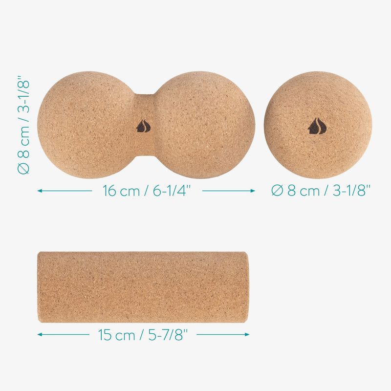Navaris Cork Massage Roller Ball Set (3 Pieces) - Includes Cork Peanut Roller, Cork Massage Ball, Cork Mini Roller - Rollers for Back and Muscles Ball + Peanut + Roller - BeesActive Australia
