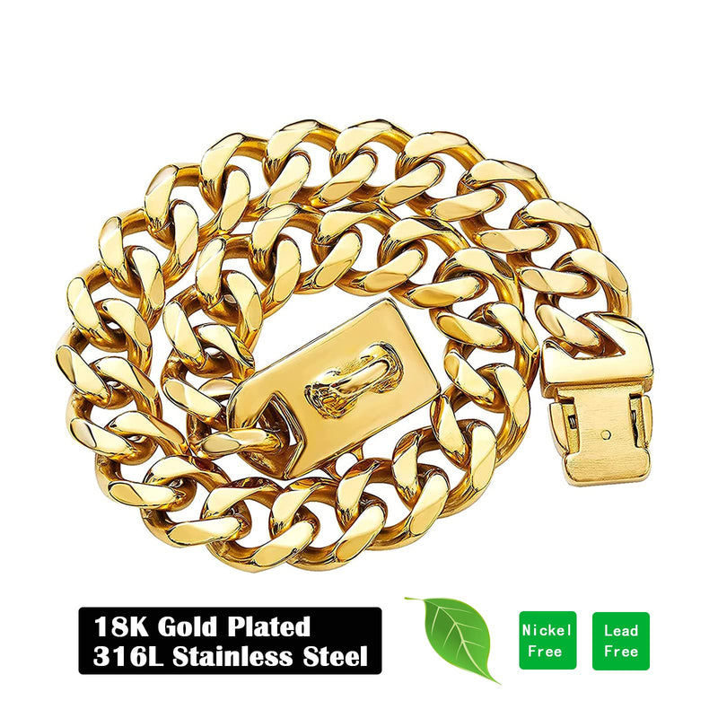 19MM Gold Chain Dog Collar with Design Secure Clasp & ID Tag,18K Cuban Link 19MM Strong Heavy Duty Chew Proof Metal Walking Collar for Medium Large Dogs 16 Inch - BeesActive Australia