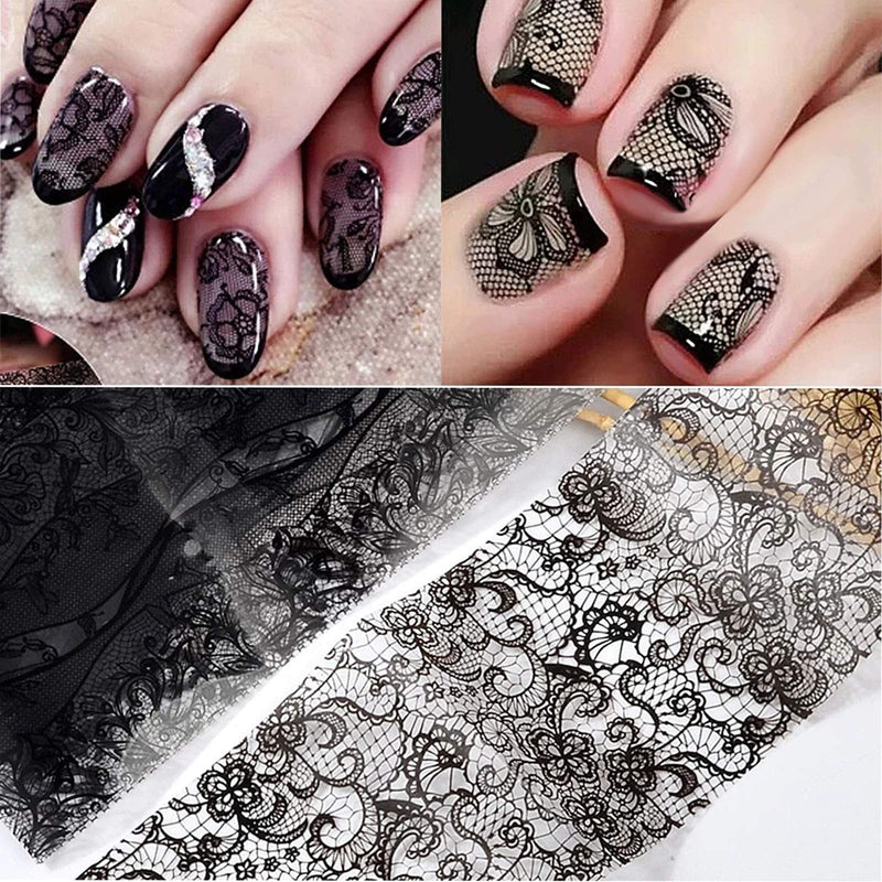 Holographic Nail Foil Transfer Stickers Black White Lace Laser Foils Nail Art Supplies Starry Paper Designs for Acrylic Decorations Women Fingernails Toenails DIY Manicure Wraps Nail Decor（10 Rolls） D - BeesActive Australia