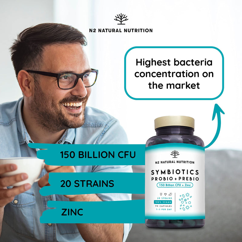 Probiotics 150 Billion CFU - 20 Strains with Prebiotics & Zinc. Highest Concentration. Probiotics for Gut Health and IBS Relief. 76 Days Intensive Treatment. EU. N2 Natural Nutrition 150 Billion CFU (90 capsules) - BeesActive Australia