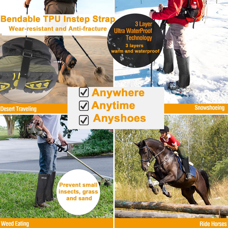 QTECLOR Leg Gaiters Waterproof Snow Boot Gaiters for Snowshoeing, Hiking, Hunting, Running, Motorcycle Anti-Tear Oxford Fabric, TPU Instep Belt Metal Shoelace Hook for Outdoor Black Medium - BeesActive Australia