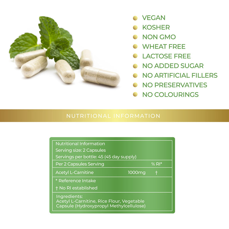 Lily Green | Acetyl L-Carnitine 1000mg per Serving | 90 Vegan Capsules | High Strength ALCAR | Amino Acid | Non-GMO | No Artificial Fillers or Excipients | Made in UK - BeesActive Australia