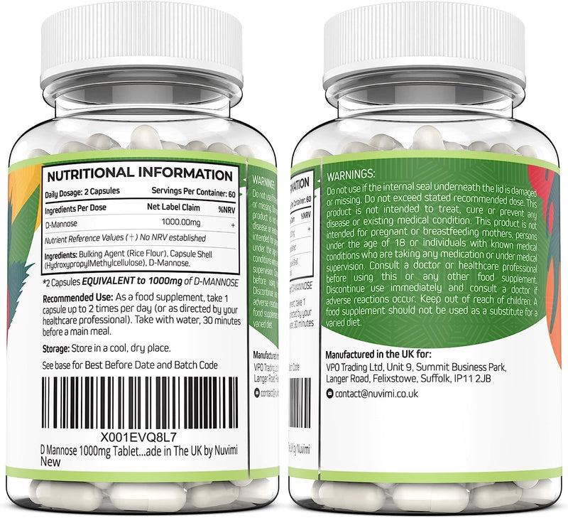 D Mannose 120 Capsules, 1000 mg per Dose, Promotes Urinary Tract Health, Natural Vegan UTI Defence by NUVIMI® - BeesActive Australia
