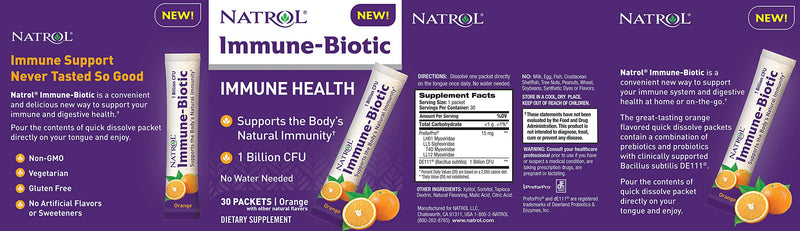 Natrol Immune-Biotic Stick Pack Powder, Supplement for Immune Support+ with Prebiotics and Probiotics, No Water Needed, Orange Flavor, 30 Count - BeesActive Australia