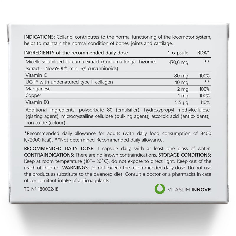 Collanol - Innovation in The Care of Healthy Joints - Liquid Formula in a Double Capsule 3D Collagen + micellar Extract of Turmeric Roots 1 Capsule/Day. Laboratory Tested (Pack of 1) Pack of 1 - BeesActive Australia