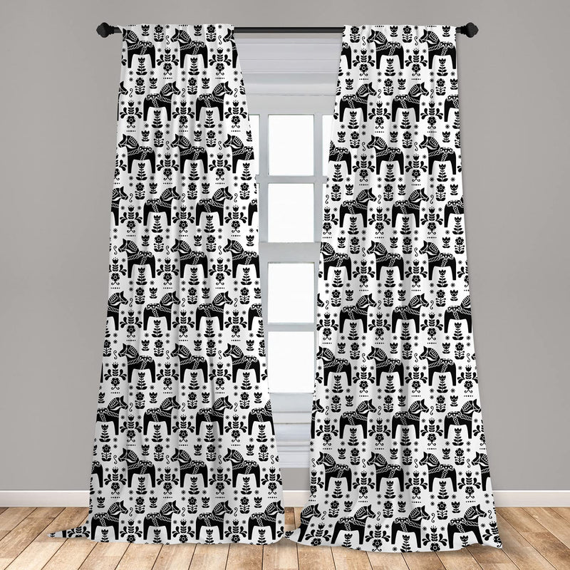 Ambesonne Nordic Window Curtains, Swedish Folk Art with Dalecarlian Horse Silhouettes and Ornate Flower Motifs, Lightweight Decor 2-Panel Set with Rod Pocket, Pair of - 28" x 63", Multicolor White Pair of - 28" x 63" - BeesActive Australia