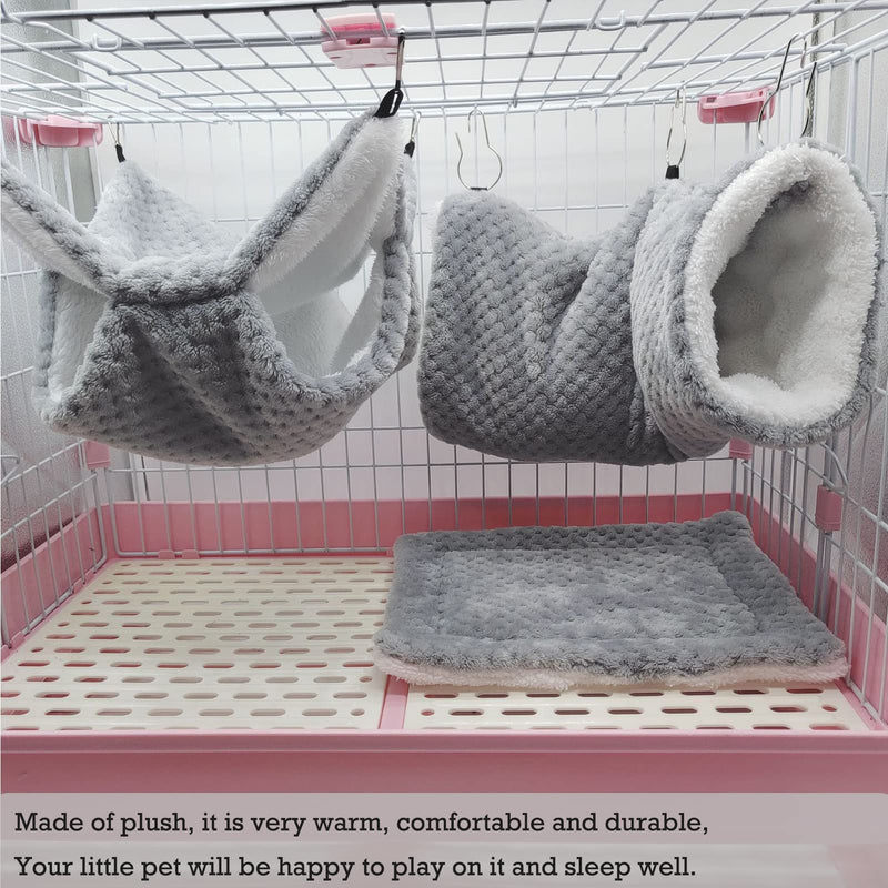 SEIS 3 Pcs Plush Hamster Hammock Set Sugar Glider Hanging Cage Accessories Set Small Animal Hammock Channel Mat for Guinea Pig Rat Gerbil Squirrel Birds Parrot Grey - BeesActive Australia