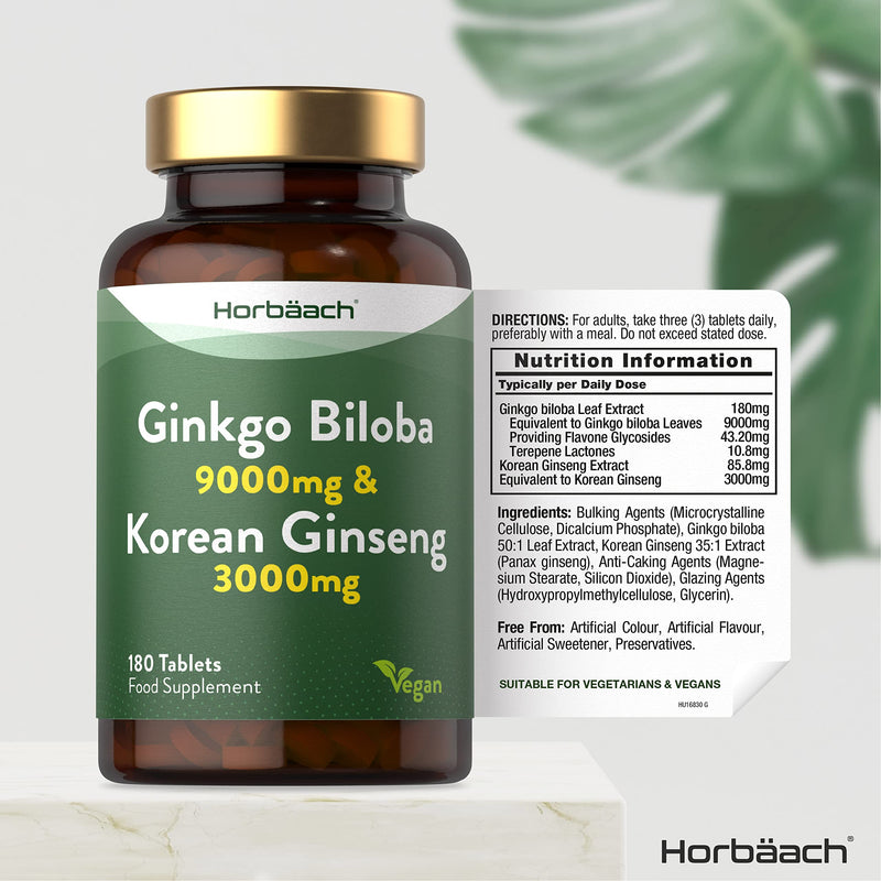 Ginkgo Biloba and Ginseng Tablets | High Strength | Ginkgo 9000mg & Korean Ginseng Root 3000mg | 180 Vegan Tablets | by Horbaach - BeesActive Australia