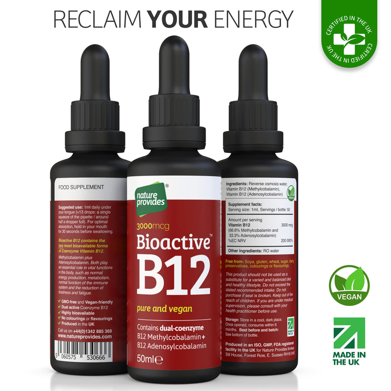 Nature Provides Vitamin B12 Liquid Drops 3000 mcg Methylcobalamin + Adenosylcobalamin (50ml) High Strength Bioactive Vegan Energy & Sleep Sublingual. Like B12 injections. Made in The UK. - BeesActive Australia