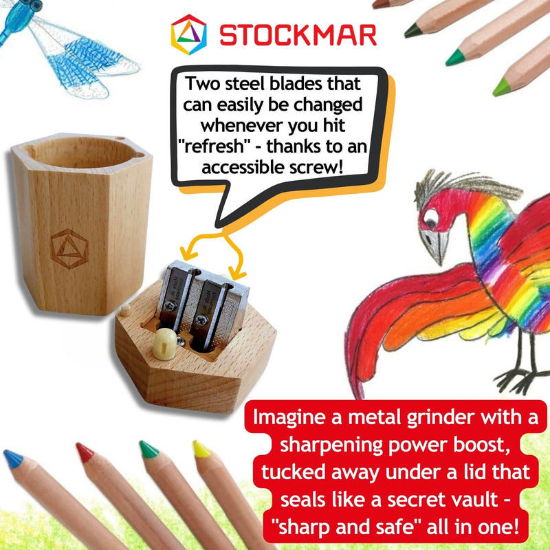 Stockmar Dual Pencil Sharpener FSC Lime Wood for Thin and Thick Pencils - Triangular and Hexagonal Shape - Colour Giants Stockmar, Waldorf Art Supplies, Made in Germany - BeesActive Australia