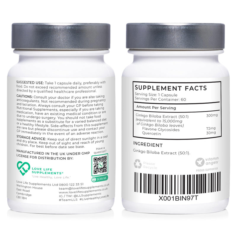 High Strength Ginkgo Biloba Capsules | 15,000mg 50:1 Extract (from Gingko Biloba Leaves) - 60 Servings | 24% Flavone Glycosides (3rd Party Tested) | Pure Ginko (No Fillers) | Love Life Supplements - BeesActive Australia