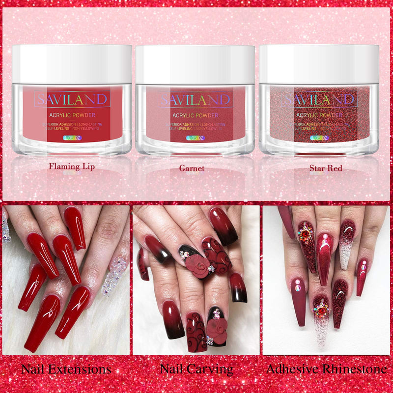 Saviland Acrylic Powder Set - Glitter Red Acrylic Nail Powder Professional Polymer Powder System for Nail Extension and DIY 3D Manicure at Home Salon - BeesActive Australia