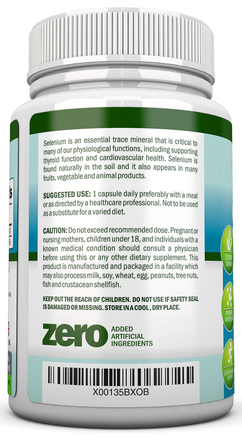Selenium - 200mcg - 200 Vegetarian Capsules - Yeast Free Formula - Essential Trace Mineral - Pure Selenium (l-Selenomethionine) Supplement - Great for Hormones, Cardiovascular Health and Immune System - BeesActive Australia
