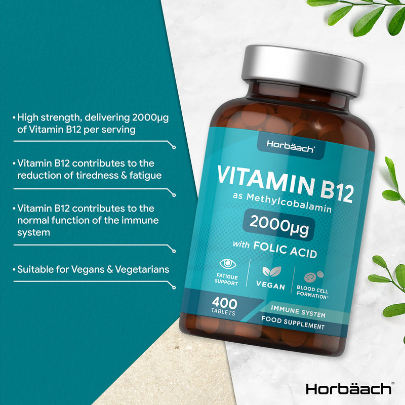 Vitamin B12 Tablets | 2000mcg | 400 Vegan Tablets | High Strength Supplement | Complex Formula with Folic Acid | by Horbaach - BeesActive Australia