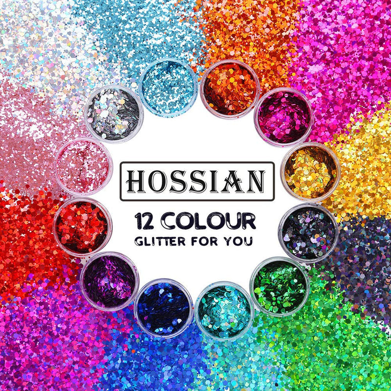 HOSSIAN Glitter, 12 Jars 22g Each Glitter Set, 12 Assorted Color Arts and Craft Glitter, Eyeshadow Makeup Nail Art Pigment Glitter, Glitter for Slime - BeesActive Australia