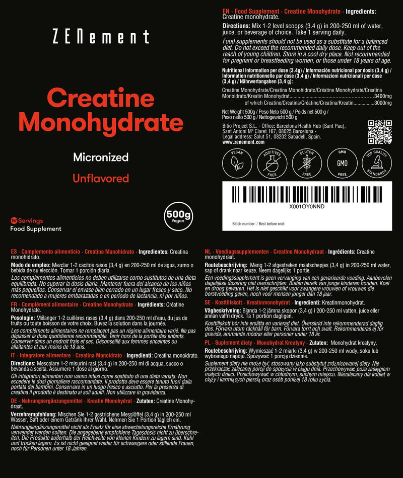 Creatine Monohydrate Pure Powder, 500g (5-Month Supply) | Micronized, Flavorless | Sports Performance, Endurance, Strength, Energy | Vegan, Additives Free, Gluten-Free, GMP, Made in Europe | Zenement - BeesActive Australia