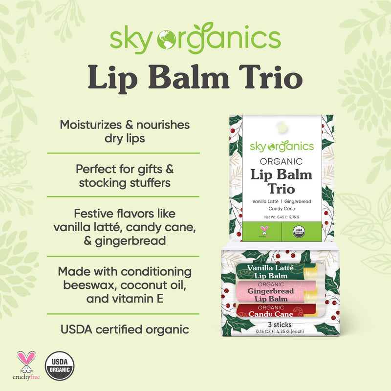 USDA Organic Lip Balm Trio by Sky Organics (3 Sticks) Winter Flavors Gift Pack Cruelty-Free Candy Cane, Gingerbread, Vanilla Latté Lip Balm Gift Set for Dry Lips Limited Edition Made In USA - BeesActive Australia