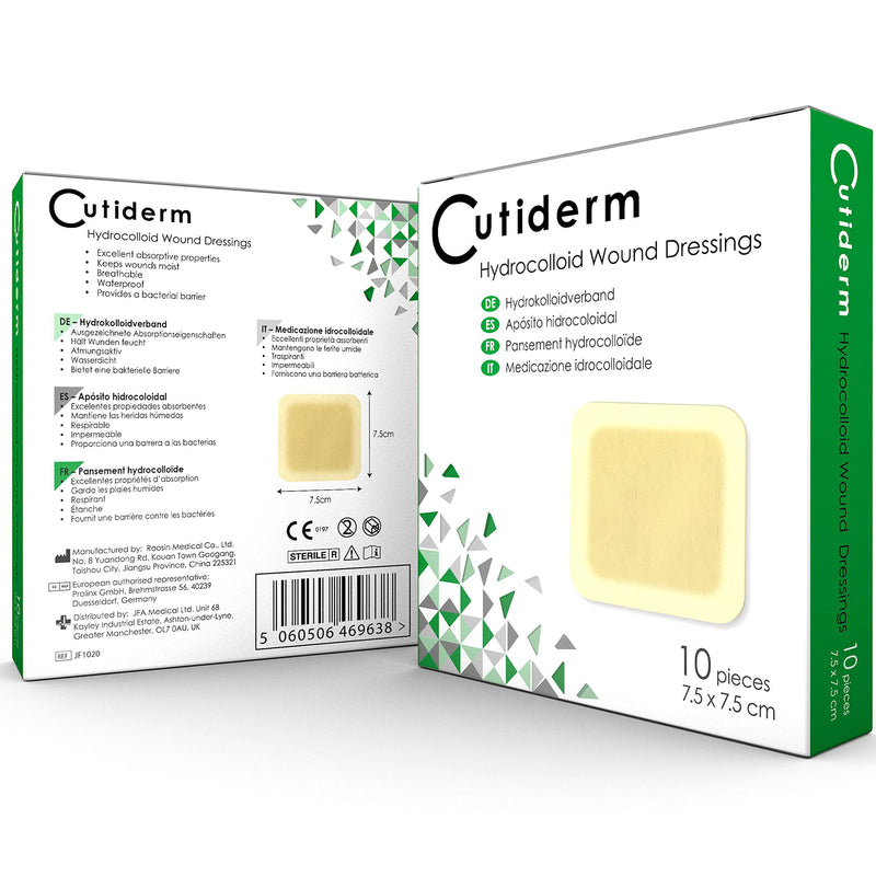 Pack of 10 Cutiderm Sterile Hydrocolloid Adhesive Wound Dressing 7.5cm x 7.5cm - Suitable for cuts, Scratches, grazes, Superficial and Partial Thickness Burns, Pressure sores, and venous Leg ulcers 7.5cm x 7.5cm (Pack of 10) - BeesActive Australia